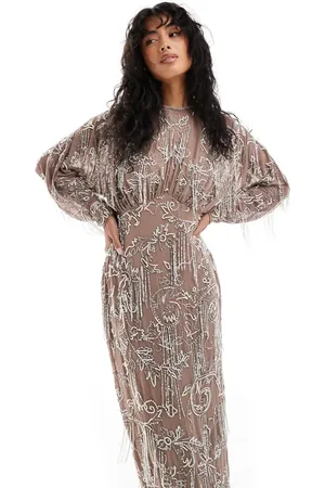 ASOS Long sleeve allover fringe embellished maxi dress in taupe