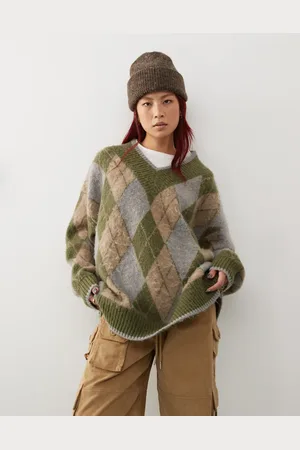 COLLUSION Oversized v-neck argyle jumper in