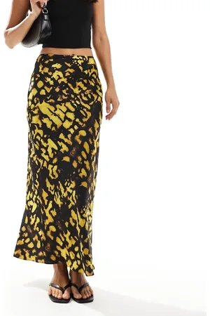 ASOS Satin bias midi skirt in yellow and black splodge print