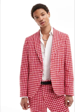 Twisted Tailor Houndstooth slim suit jacket in red and pink