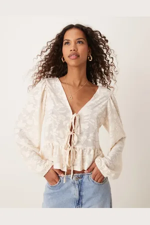 Miss Selfridge Lace puff sleeve tie front top