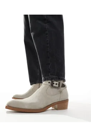 ASOS Heeled cuban boot in grey suede with western buckle and detail