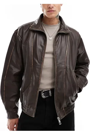 ASOS Premium real leather harrington jacket with funnel neck in