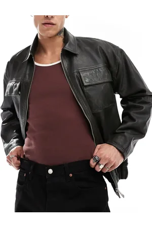 ASOS ASOS DEISGN Premium real leather oversized distressed harrington jacket in