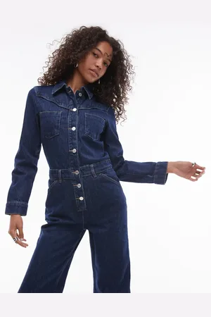 MANGO Button detail denim jumpsuit in light