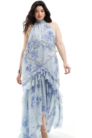 ASOS ASOS DESIGN Curve lace insert halter tiered maxi dress with circle trim in vintage floral print