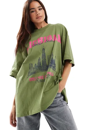 ASOS Oversized t-shirt with Michigan graphic in khaki