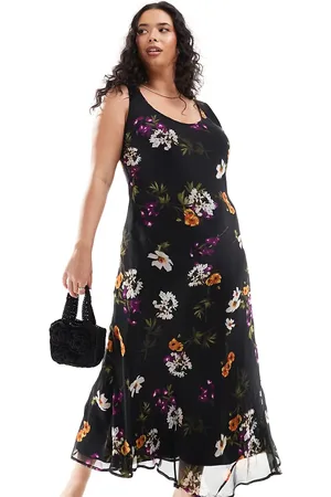 ASOS ASOS DESIGN Curve chiffon scoop neck midi slip dress in dark floral print