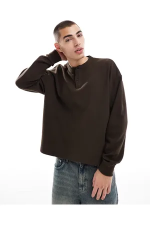 ASOS Oversized boxy waffle long sleeve t-shirt with henley neck in