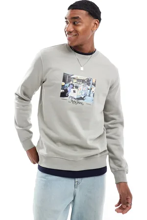 Only & Sons Crew neck sweat with NY photo print in washed light grey