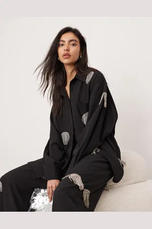 ASOS Embellished diamante fringe spot oversized shirt co-ord in black