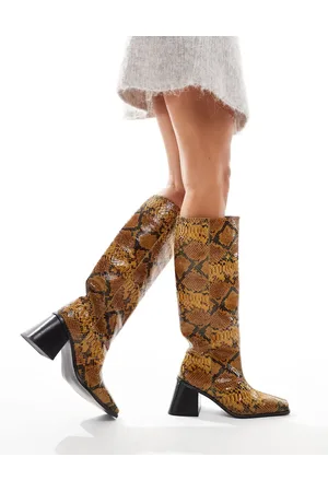 ASOS Connect leather pull-on knee boots with flared heel in snake