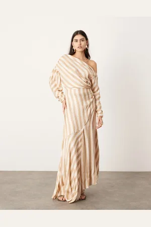 ASOS Fallen shoulder maxi dress in stone stripe
