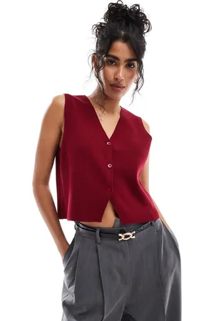 ASOS Knitted compact v neck waistcoat in burgundy