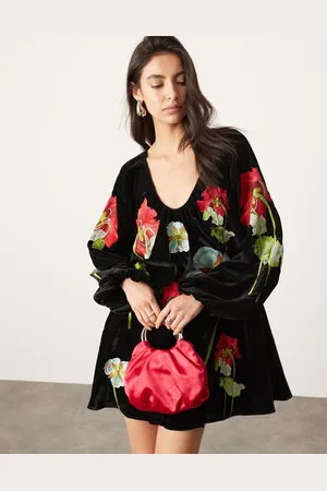 ASOS Velvet embroidered floral plunge neck full mini dress in