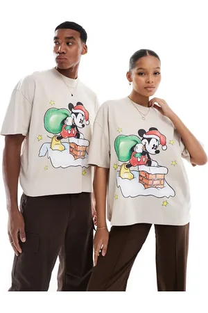 ASOS Disney Christmas boxy oversized t-shirt with Mickey Mouse prints in beige