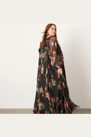 ASOS Curve chiffon volume sleeve maxi dress in black base floral print