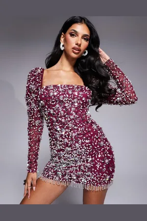 ASOS Puff sleeve embellished long sleeve mini dress in Burgundy