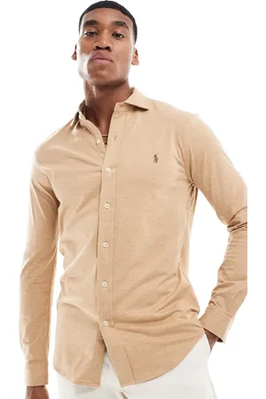 Ralph Lauren Icon logo estate collar jersey shirt in camel marl