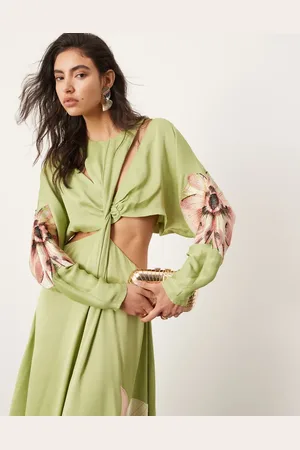 ASOS Satin petal embroidered batwing maxi dress with cut out detail in