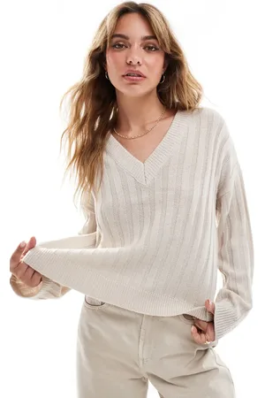 Brave Soul Ribbed v-neck jumper in stone