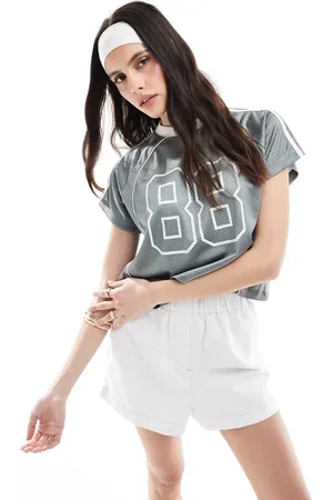 Miss Selfridge Graphic print cropped football t-shirt in grey