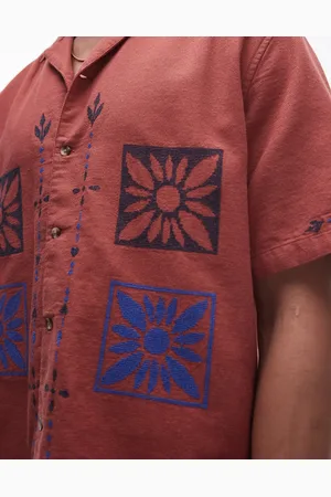 Topman Short sleeve relaxed embroidered patch shirt in rust