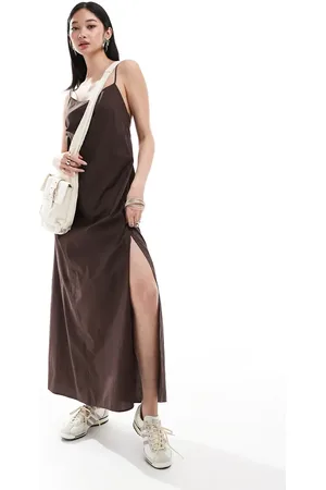 Monki Maxi dress with strappy open back and split leg in dark
