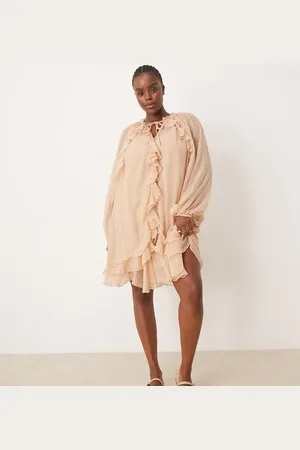 ASOS ASOS DESIGN Curve dobby chiffon mini dress with ruffles & blouson sleeve in peach