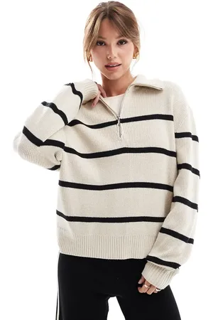 Hollister Quarter zip cable knitted 1/4 zip jumper in beige stripe