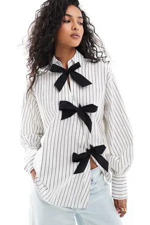 ASOS Bow detail shirt in black & white stripe