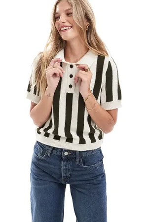 ASOS Knitted polo top with notch collar in navy stripe