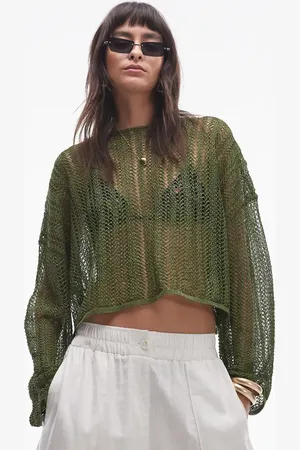 Topshop Knitted sheer knit jumper in khaki