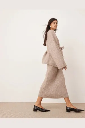 ASOS Ribbed knitted midi skirt co-ord in taupe