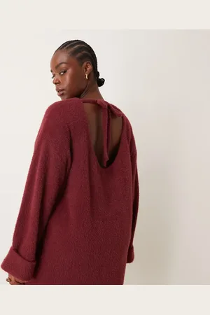 ASOS ASOS DESIGN Curve supersoft fluffy slouchy jumper mini dress in burgundy