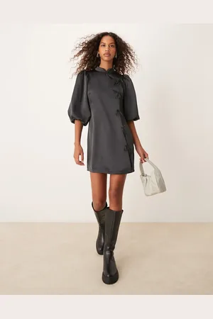 Glamorous Short puff sleeve mini dress with side tie detail in black