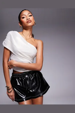 ASOS Ruched side fallen shoulder top in metallic