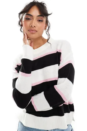 Brave Soul Stripe crew neck jumper in black, and pink