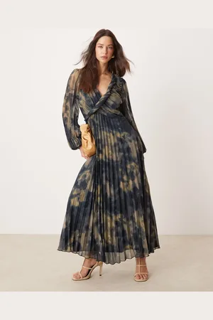 ASOS Twist detail wrap front pleated midi dress in blurred floral