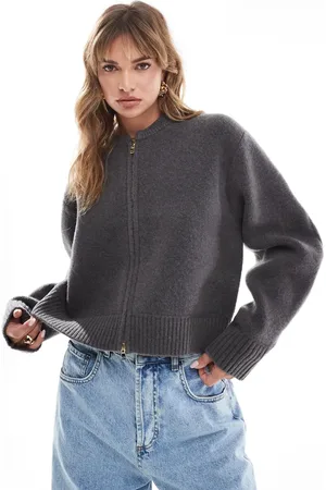 ASOS Clean knitted bomber jacket with volume sleeve in Charcoal