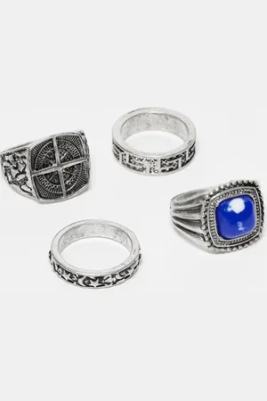 Reclaimed Unisex ring 4 pack with faux blue stone in