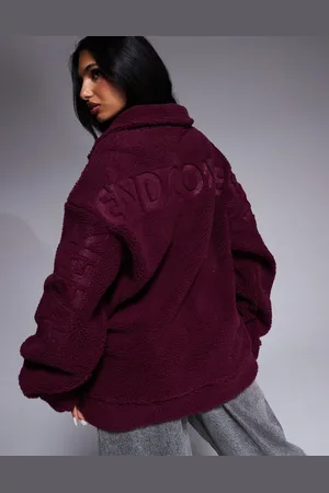 ASOS Weekend Collective oversized borg half zip with burnout in burgundy