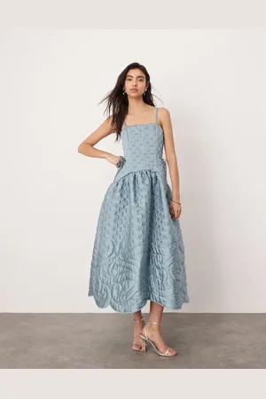 ASOS Embroidered quilted drop waist cami midi dress in slate - MBLUE