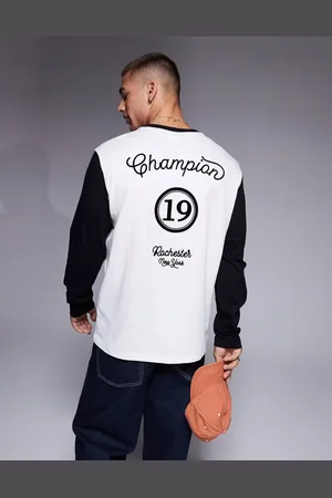 Champion Rochester long sleeve back print raglan t-shirt in off white and black
