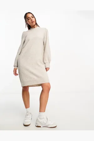 JDY Puff sleeve knitted mini jumper dress in stone