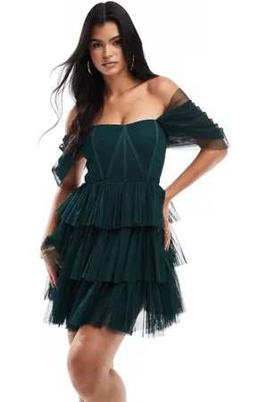 Lace & Beads Off shoulder corset tulle mini dress in emerald
