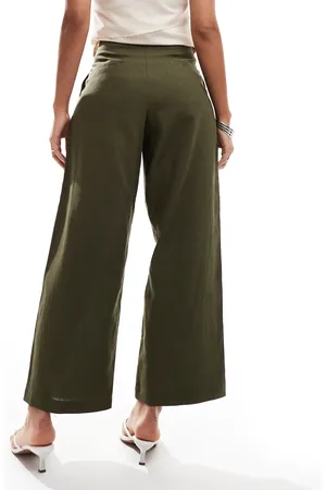 ASOS Raw edge barrel leg tailored trouser with linen in khaki