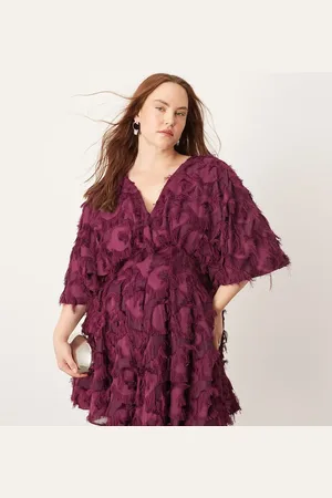 ASOS Curve textured cinched pleat waist mini dress in plum