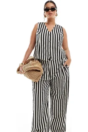 ASOS Curve wide leg dad trousers with linen co-ord in mono stripe