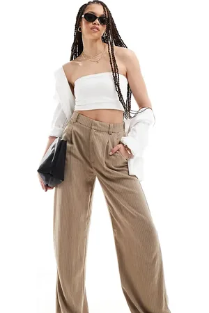 ASOS Tall wide leg dad trousers with linen in stone stripe